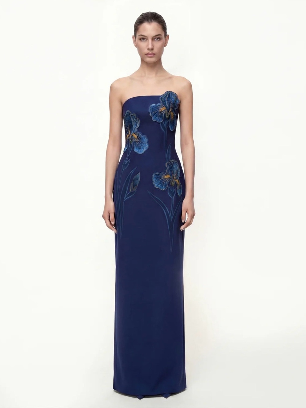 Strapless Navy Floral Embroidered Evening Gown